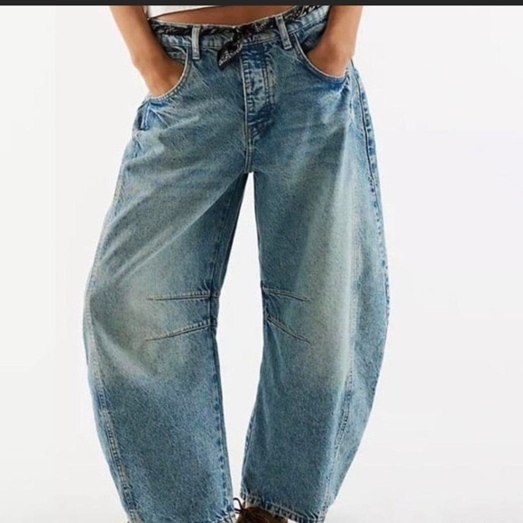Free People Denim - Free People We The Free Good Luck Mid-Rise Barrel Jeans Blue Denim 27 Distressed